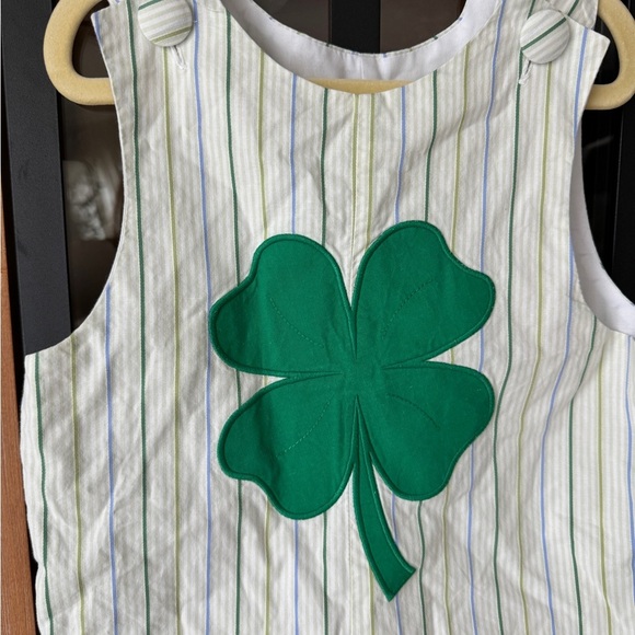 St. Patricks Day four leaf clover jon jon romper smock appliqué baby boy stripes - Picture 2 of 8